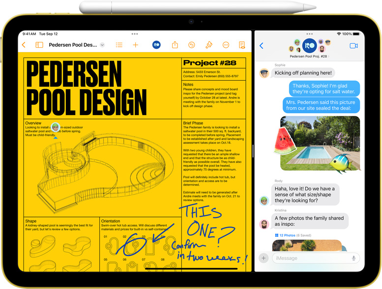 iPadin Split View, jossa on Pages ja Viestit