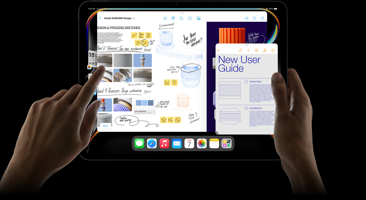 Horizontāls novietojums, iPad Pro, lietotājs pārslēdzas starp aplikācijām