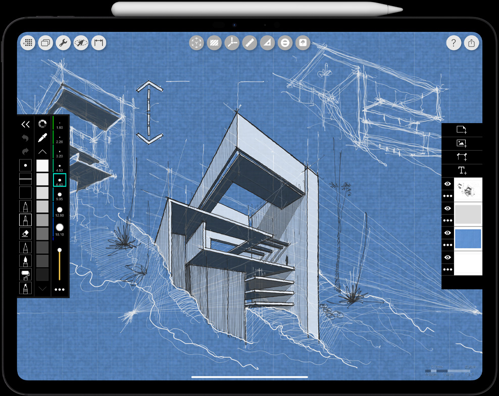 Orientasi lanskap, Apple Pencil Pro tersambung ke iPad Pro, gambar arsitektural terlihat pada layar