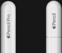 Apple Pencil Pro, Apple Pencil Pro dengan ujung bulat dan bergrafir, Apple Pencil USB-C, penutup Apple Pencil bergrafir.