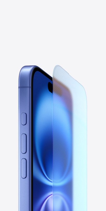 Un iPhone 16 con guscio in alluminio aerospaziale blu oltremare visto di tre quarti con il robusto display in Ceramic Shield separato dal resto per metterlo in risalto.