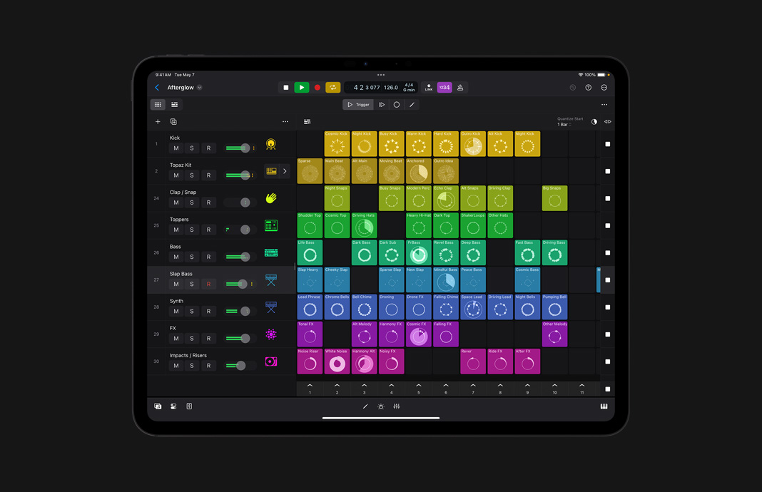 Interface d’utilisation d’une fonction de création de boucles et d’enregistrement dans Logic Pro pour iPad.