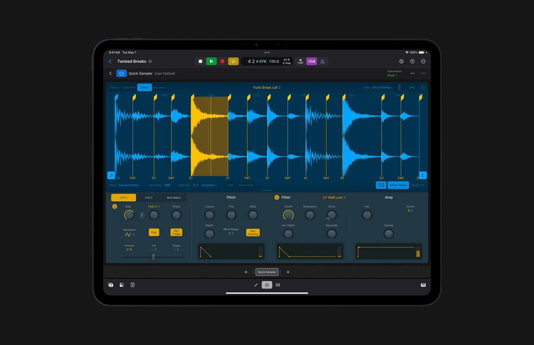 Échantillon audio en cours d’édition dans Logic Pro pour iPad sur iPad Pro