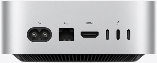 Vedere din spate a unui Mac mini argintiu care evidențiază porturile din spate: un port de alimentare, un port Ethernet, un port HDMI și trei porturi Thunderbolt.