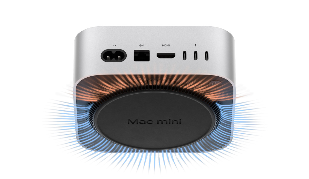 O vedere a porturilor din spate ale Mac mini, într-o ilustrație translucidă pentru a prezenta sistemele termice și de ventilație de sub carcasa de aluminiu