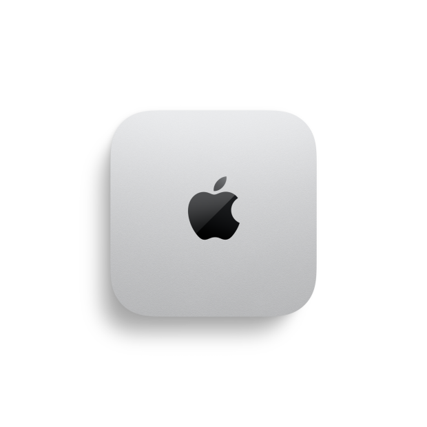 Top-down view of silver Mac mini with Apple logo with measurement markings to indicate size of 5 inches wide by 5 inches long