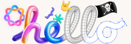 Colorful bubble letters spelling 'hello',  surrounded by a pirate flag, the emoji for I love you in American Sign Language, and the Apple Intelligence symbol.