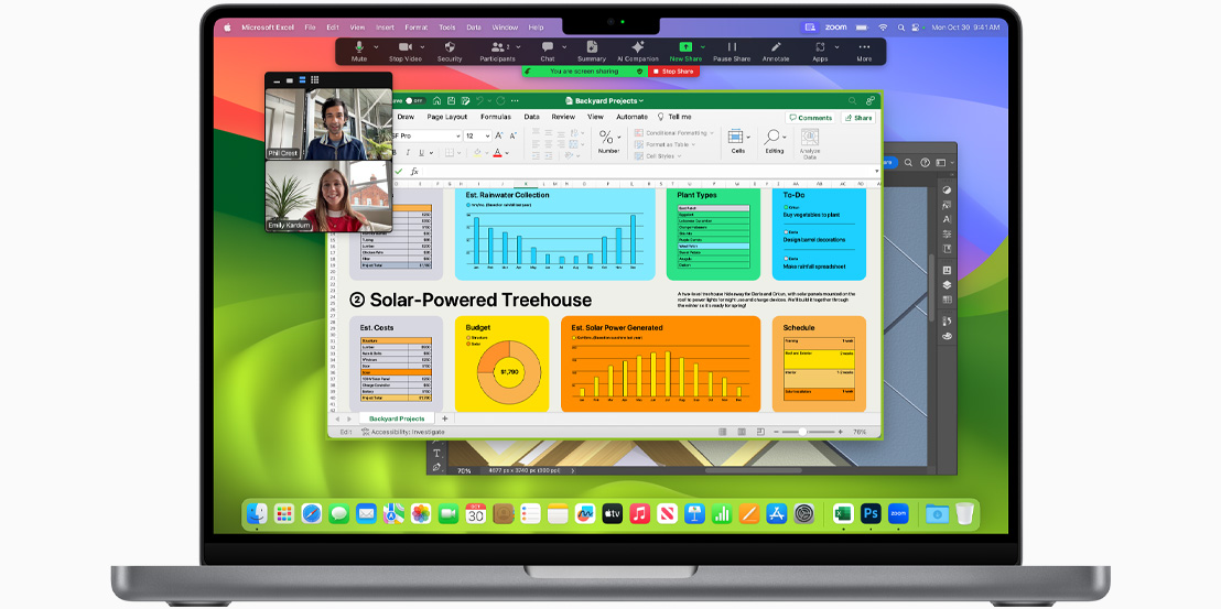 MacBook Pro screen shows Zoom, Microsoft Excel and Adobe Photoshop.