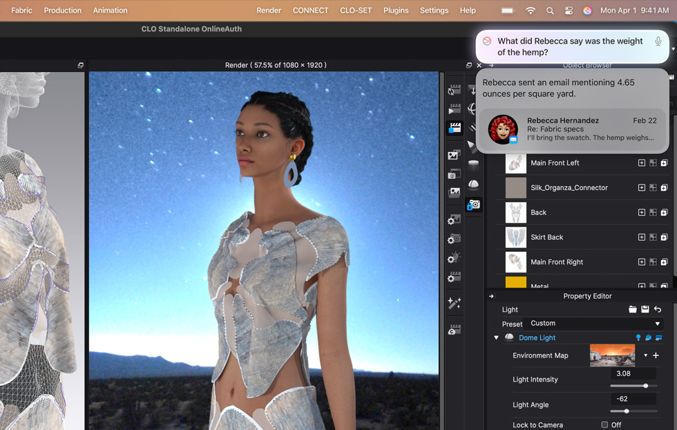 Una persona trabaja en una prenda en la app de diseño de moda CLO 3D. Siri le entregó una respuesta de ChatGPT a su pregunta sobre variedades sostenibles de cáñamo