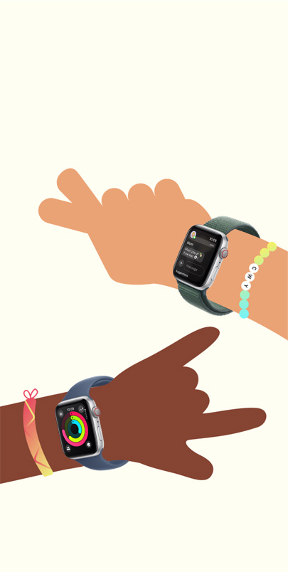 Illustration von zwei Kinderhänden. Jede trägt eine Apple Watch SE. Klick auf das Pluszeichen für weitere Infos zu Features von «Apple Watch für deine Kinder».