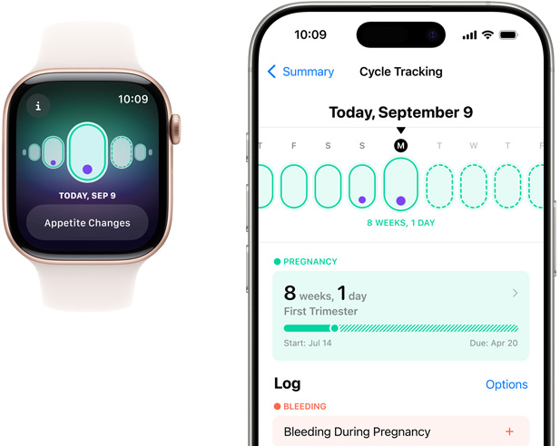 An Apple Watch screen displays pregnancy tracking with the symptom 'Appetite Changes'. An iPhone screen displays gestational age and pregnancy tracking in the Cycle Tracking app.