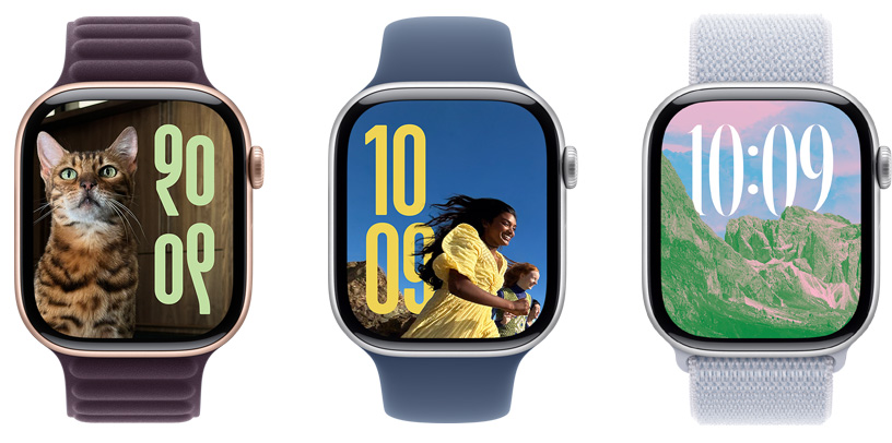 Trois cadrans Photos d’Apple Watch affichant des variations d’image, de disposition de l’heure et de la langue