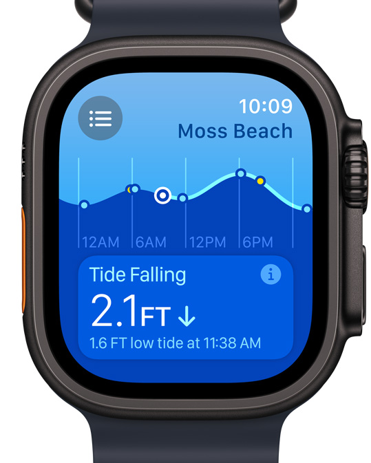 Apple Watch Ultra met de nieuwe Getijden-app op het scherm.