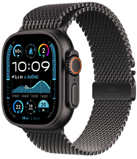 Apple Watch Ultra 2 with a black titanium case and Black Trail Loop band.