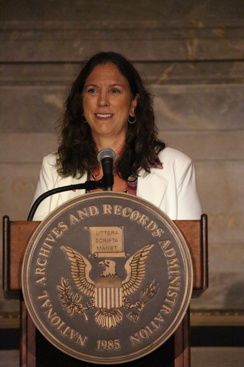 Colleen Shogan speaks after her ceremoniasl swearing in as Archivist of the United States