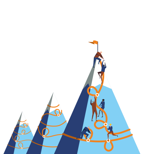 Graphic for Embracing Complexity: Three mountains cascading into background. Light blue face, dark blue shadow. Six people creating a path between each of them and helping each other scale the front-most mountain.