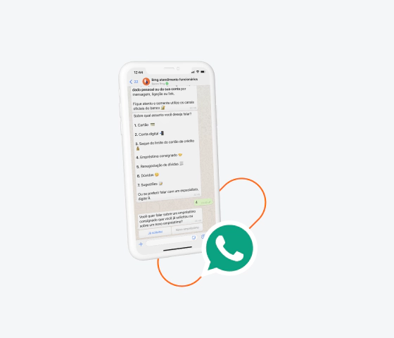 Illustração de um celular mostrando a conversa do whatsapp com bmg.