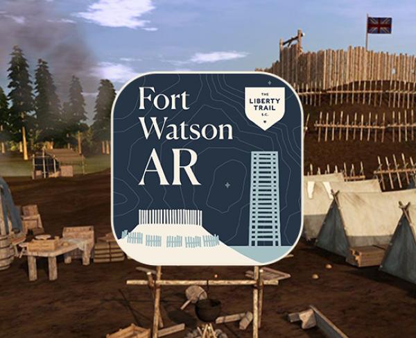 Fort Watson AR App Logo and a scene from the app showing an encampment at Fort Watson