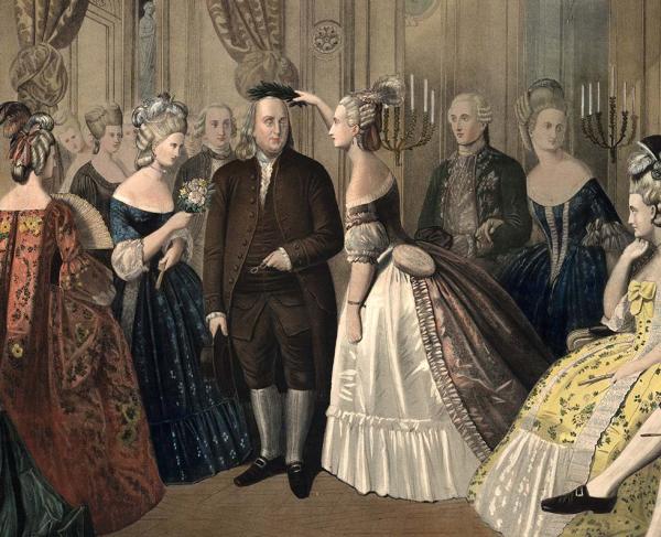 Anton Hohenstein's painting of Benjamin Franklin's reception at the Court of France in 1776.