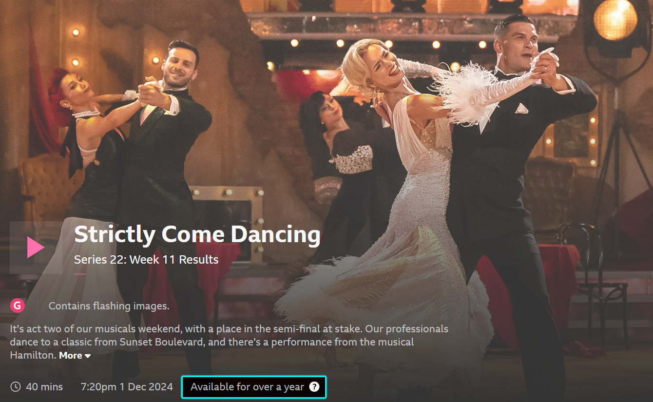 image of an episode of Strictly Come Dancing on the iPlayer website with the availability period highlighted at the bottom