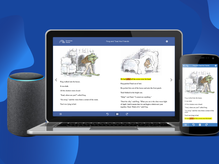 Bookshare Reader app suite on laptop, mobile phone, and Alexa smart speaker behind blue background