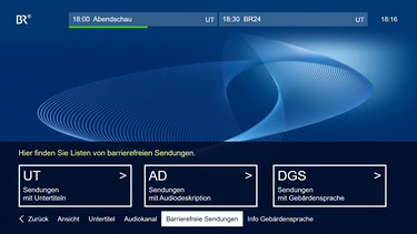 Barrierefreie Sendungen auf der ARD-Startleiste bei HbbTV | Bild: BR/ARD Screenshot