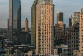 Evening view of residential buildings exterior in Hunters Points, Long Island City, Queens.