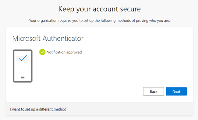 MFA set up screen showing 'Notification approved