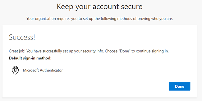 MFA set up screen showing 'Success! Great job! You have successfully set up your security info