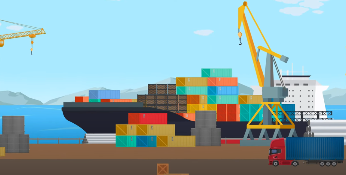 Illustration of a cargo vessel at a U.S. port of entry with cargo containers.