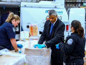 Inspecting cargo with CBP Agriculture Specialist Evans, left and supervisory CBP Agriculture Specialist Casperson