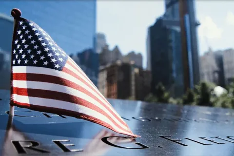 Photograph of the American flag at the 9/11 memorial in New York City