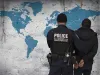 World map background with law enforcement arresting an individual