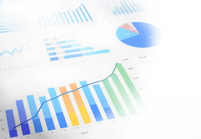 Statistical data images of bar graphs, pie charts, and line graphs