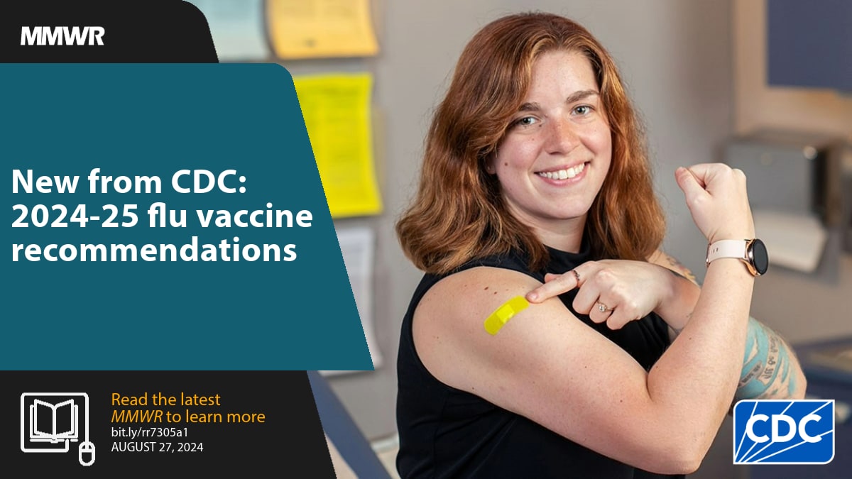 The figure is an image of a person pointing to a band-aid on their arm and text that reads, “New from CDC: 2024-25 flu vaccine recommendations.”