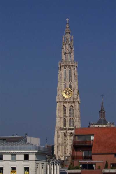 A close-up of the distinctive Gothic steeple of the Onze-Lieve-Vrouwekathedraal (the Cathedral of Our Lady) in Antwerp, Belgium. Photo courtesy of NOAA / Michael Theberge.