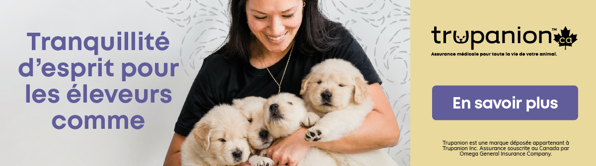 French Advertisement for Trupanion; Woman holding Puppies