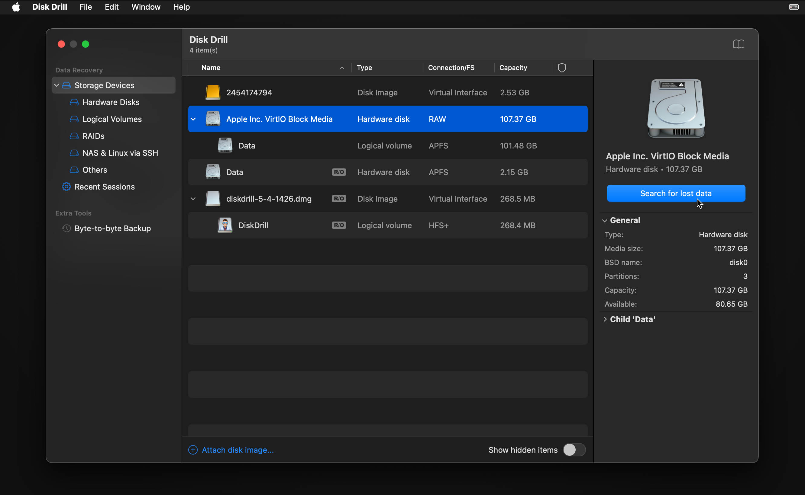 Select Drive in disk drill for scan