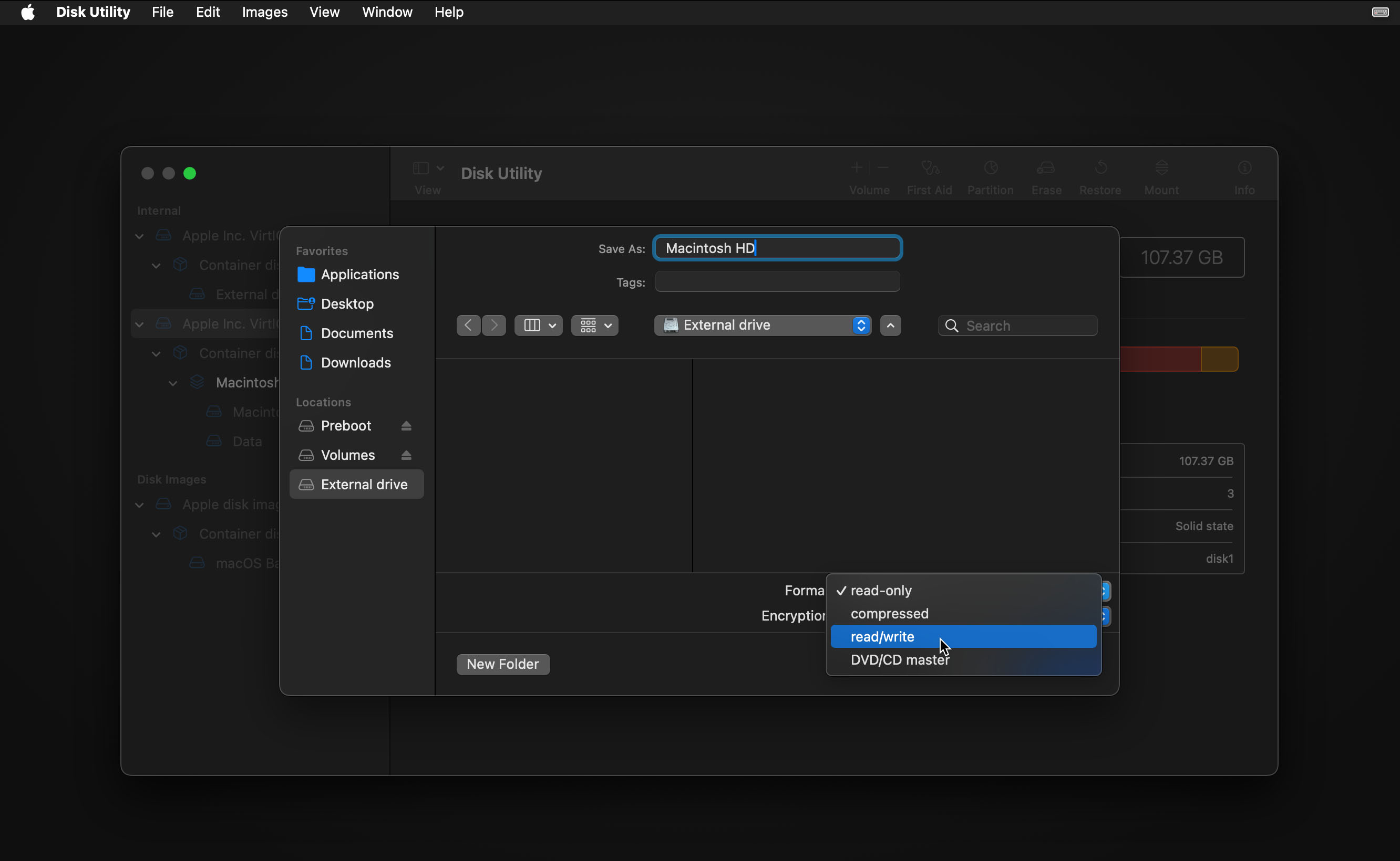 save macintosh hd image on external drive