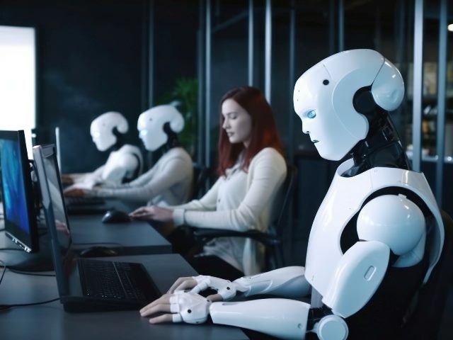 Robot working at computer among people.