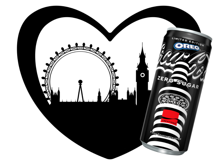 A can of Coca-Cola OREO® Zero Sugar Limited Edition and a sleeve of OREOs with Coca-Cola popping candy over a black heart