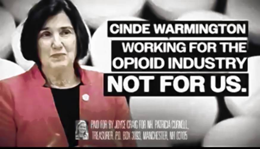 Joyce Craig’s campaign ran an ad admonishing Cinde Warmington’s record as a lobbyist for Purdue Pharma. The original version included no audible notification of who’d paid for the ad, a violation of New Hampshire law.