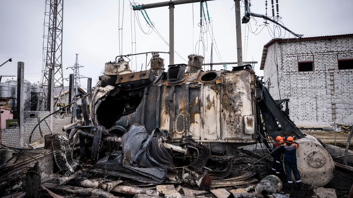 Image shows a destroyed autotransformer at a Ukraine high voltage power substation, which was hit by a missile strike on October 1, 2022.