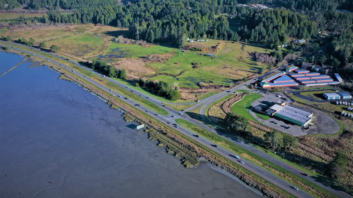 An aerial photo shows a T-shaped intersection on U.S. 101 in Northern California.