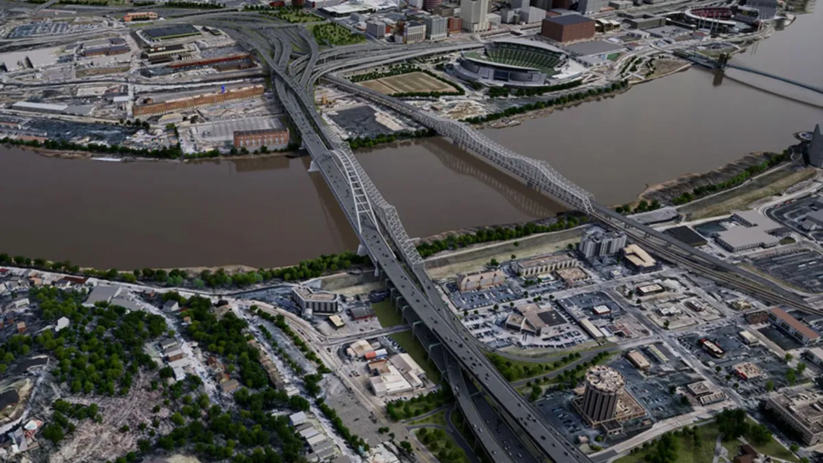 A rendering shows the redesigned Brent Spence Bridge and companion crossing in Cincinnati.