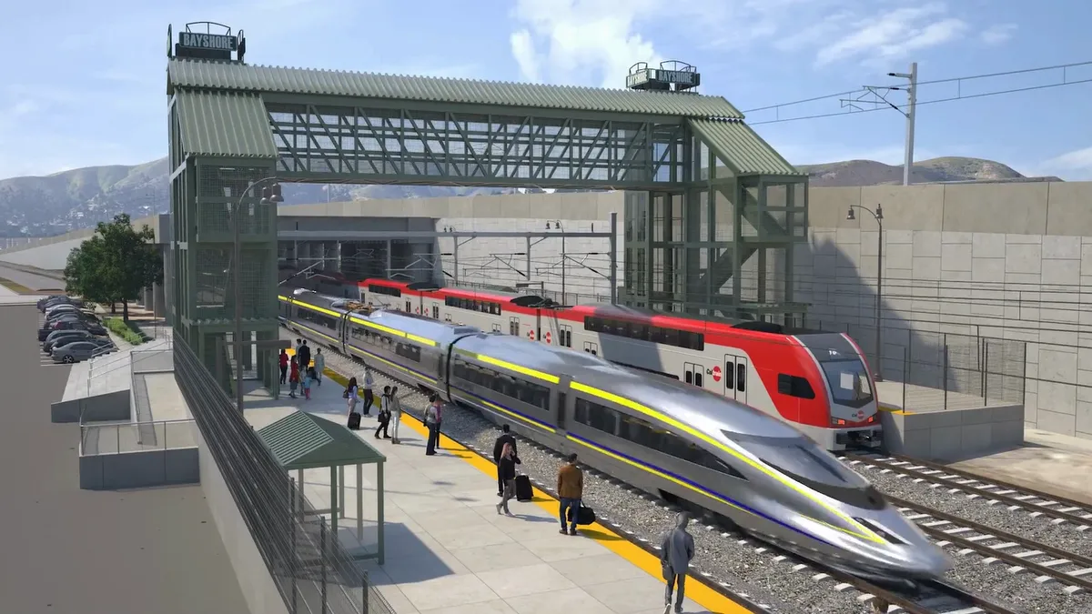 Rendering shows two trains pulling out of a tunnel.