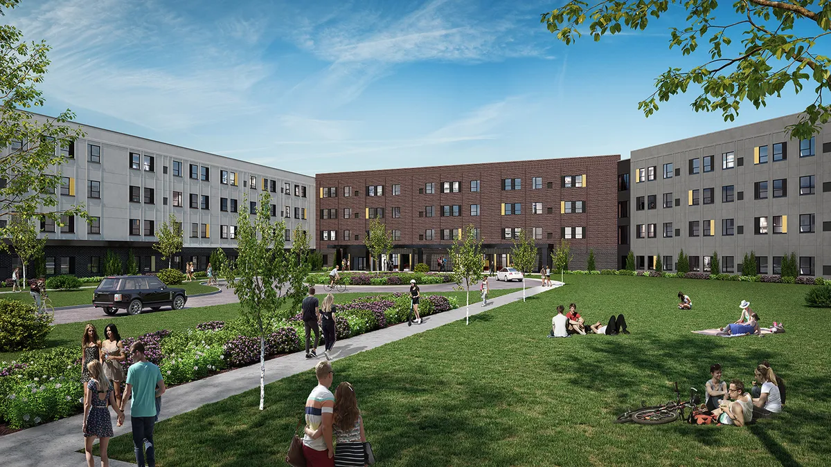 A rendering of an apartment building, with people milling about in front, with green grass on a sunny day.