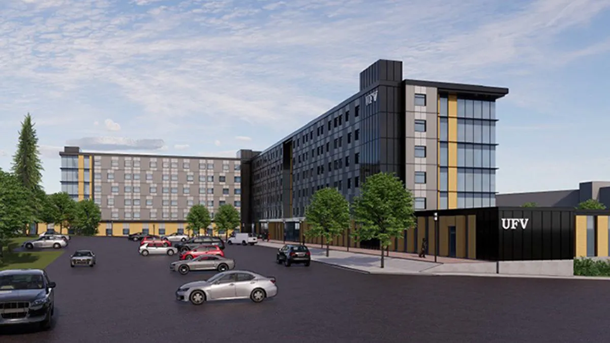 A rendering shows a planned mass timber student housing building.