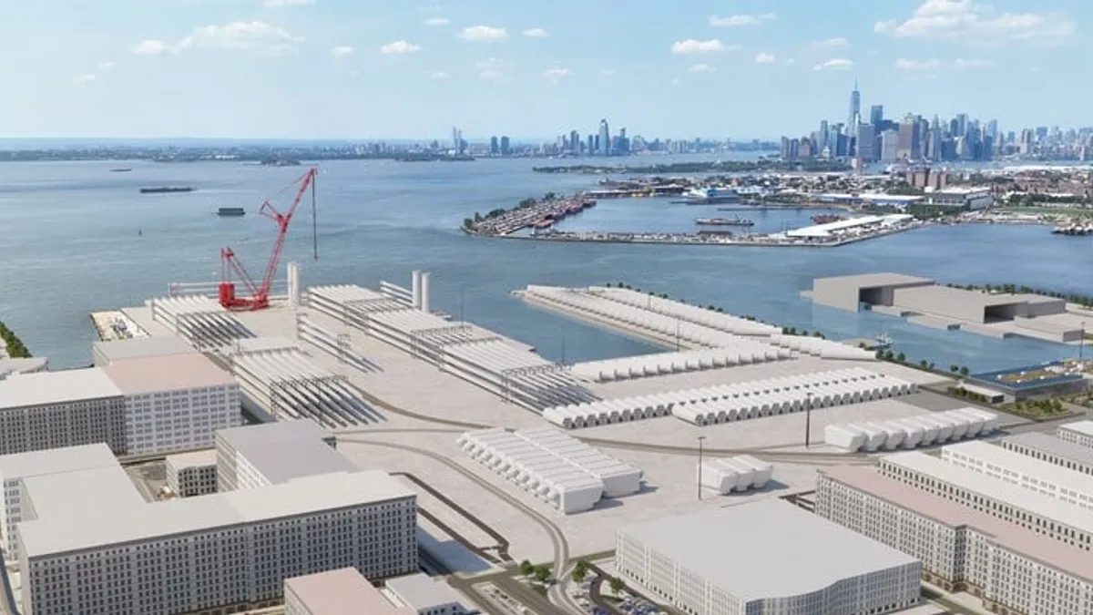 A rendering of a waterfront marine terminal with a red crane.